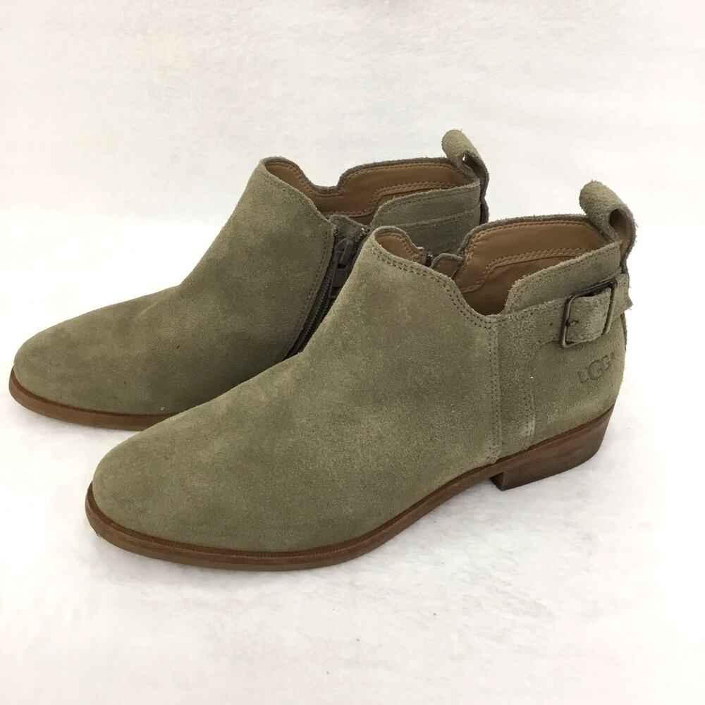 UGG Kelsea Antilope Suede Buckled Ankle Boots Taupe Green Sz 7 - Picture 3 of 7